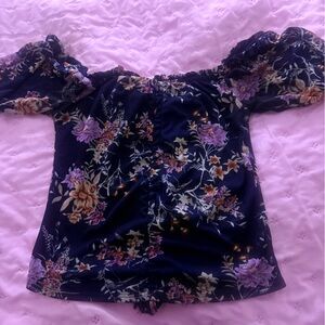 Crave Fame Navy Floral Off-Shoulder Blouse